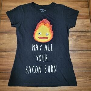 Howl's Moving Castle Black Tee Calcifer "May All Your Bacon Burn" - Size Small